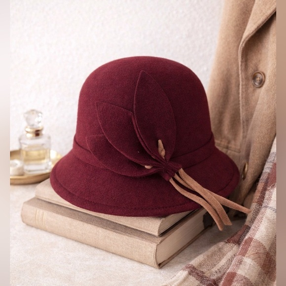 Accessories - Elegant Burgundy & Tan Cloche Hat with Decorative Detail | Vintage-Inspired Fall